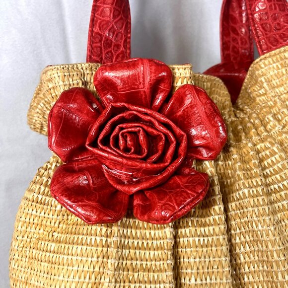 Vintage Bueno Tan Woven Straw Red Faux Leather Flower Satchel Bag - Picture 3 of 8